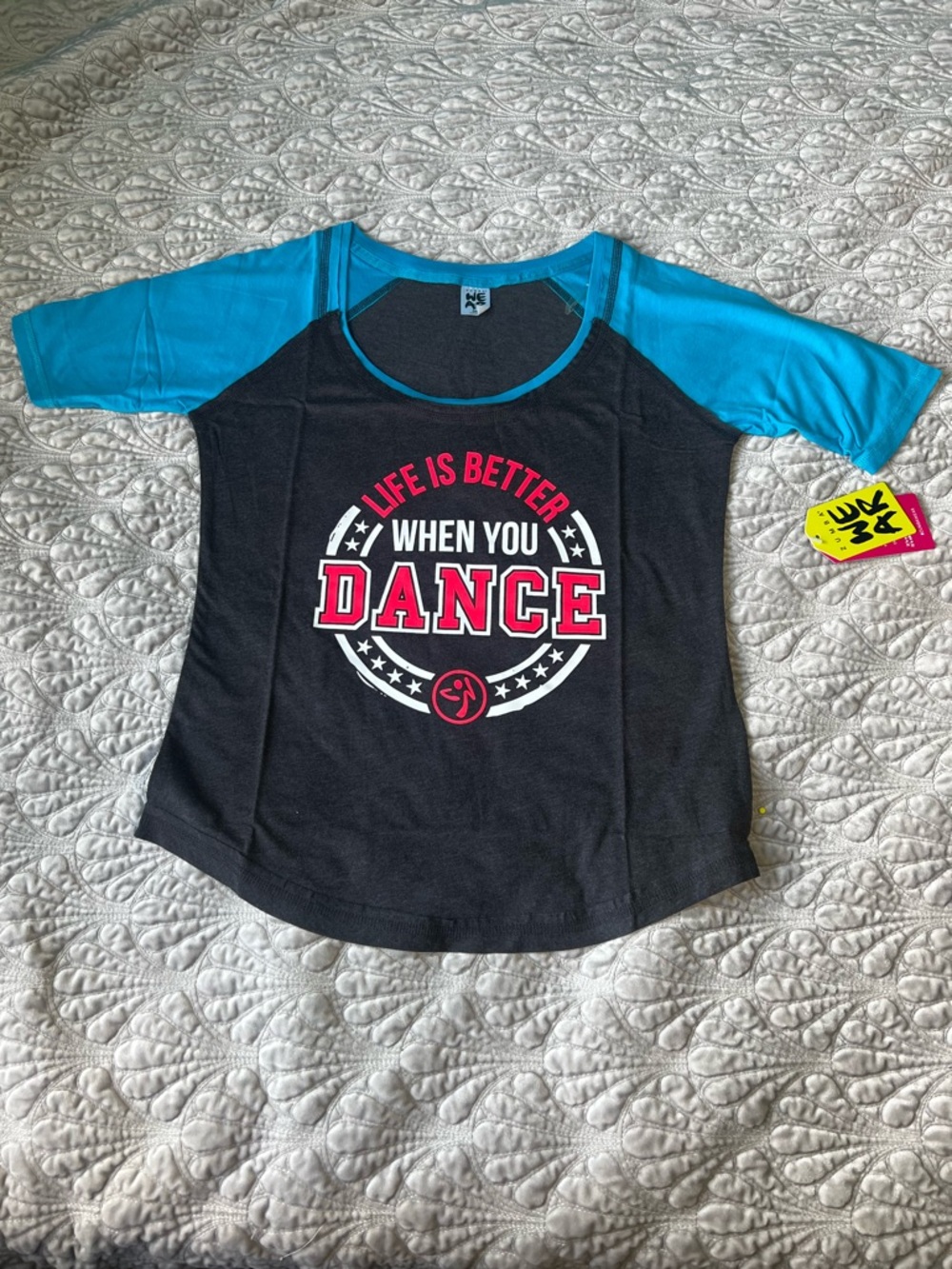 Zumba Fitness Black Tee with Teal Sleeves and Pink Graphic